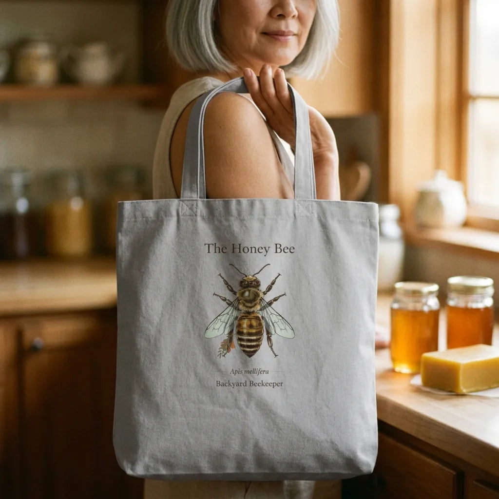 The Honey Bee Apis mellifera anatomical cotton tote bag — lifestyle