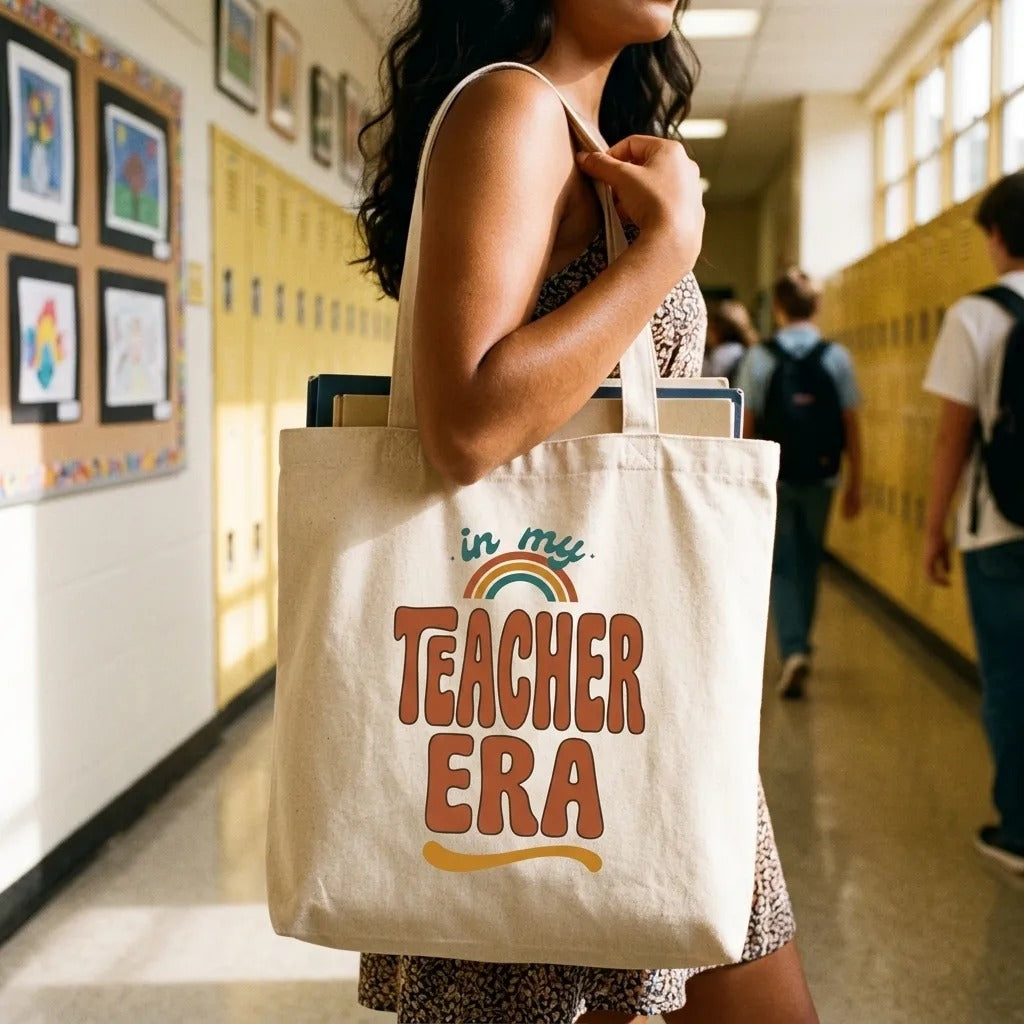 In My Teacher Era retro groovy teacher canvas tote bag — lifestyle