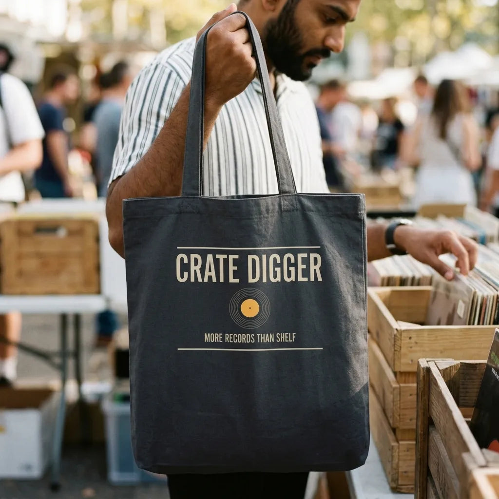 Crate Digger vinyl record cotton tote bag — lifestyle