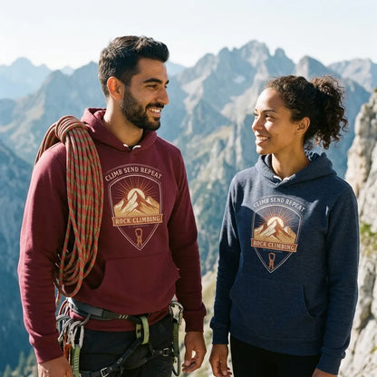 Climb Send Repeat mountaineering crest hoodie — lifestyle