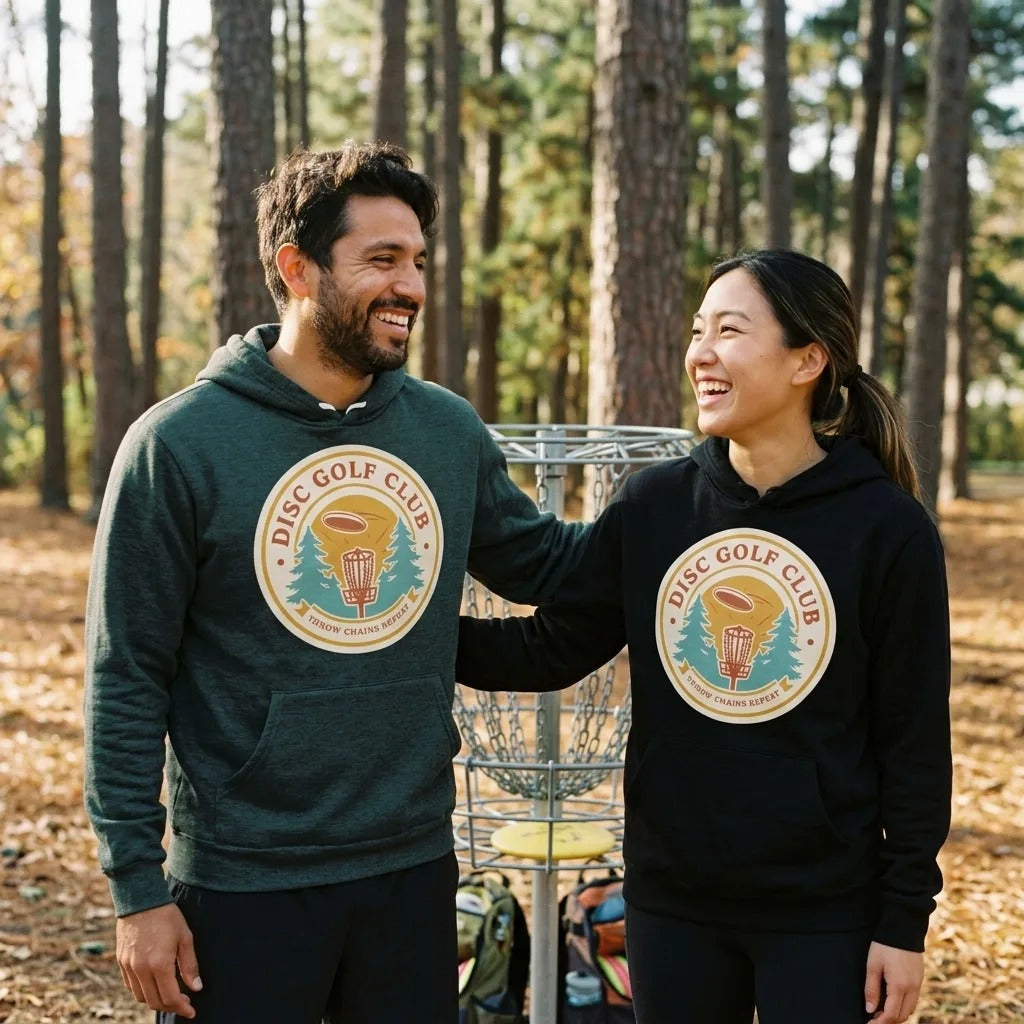 Disc Golf Club retro badge hoodie — lifestyle