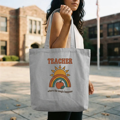 Teacher Where The Magic Happens retro groovy teacher cotton tote bag — lifestyle