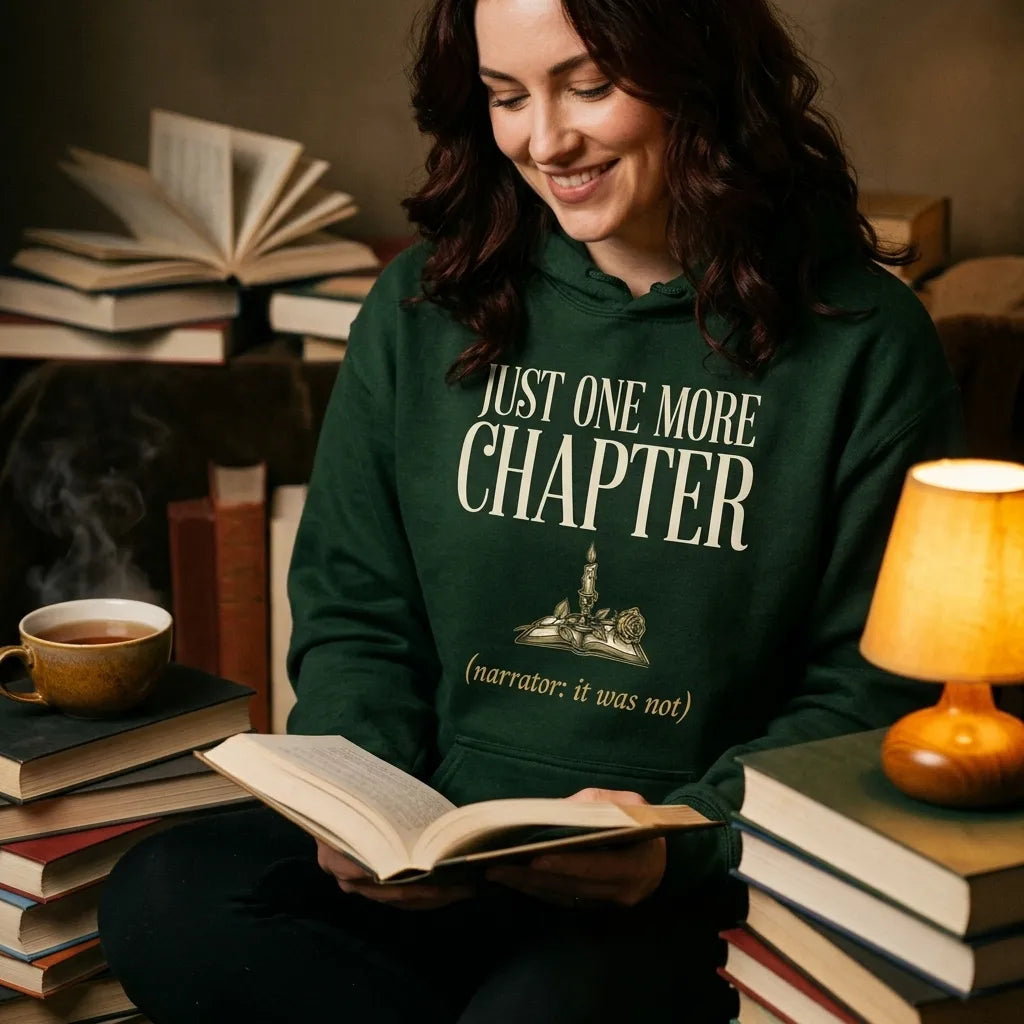 Just One More Chapter book lover dark academia hoodie — lifestyle