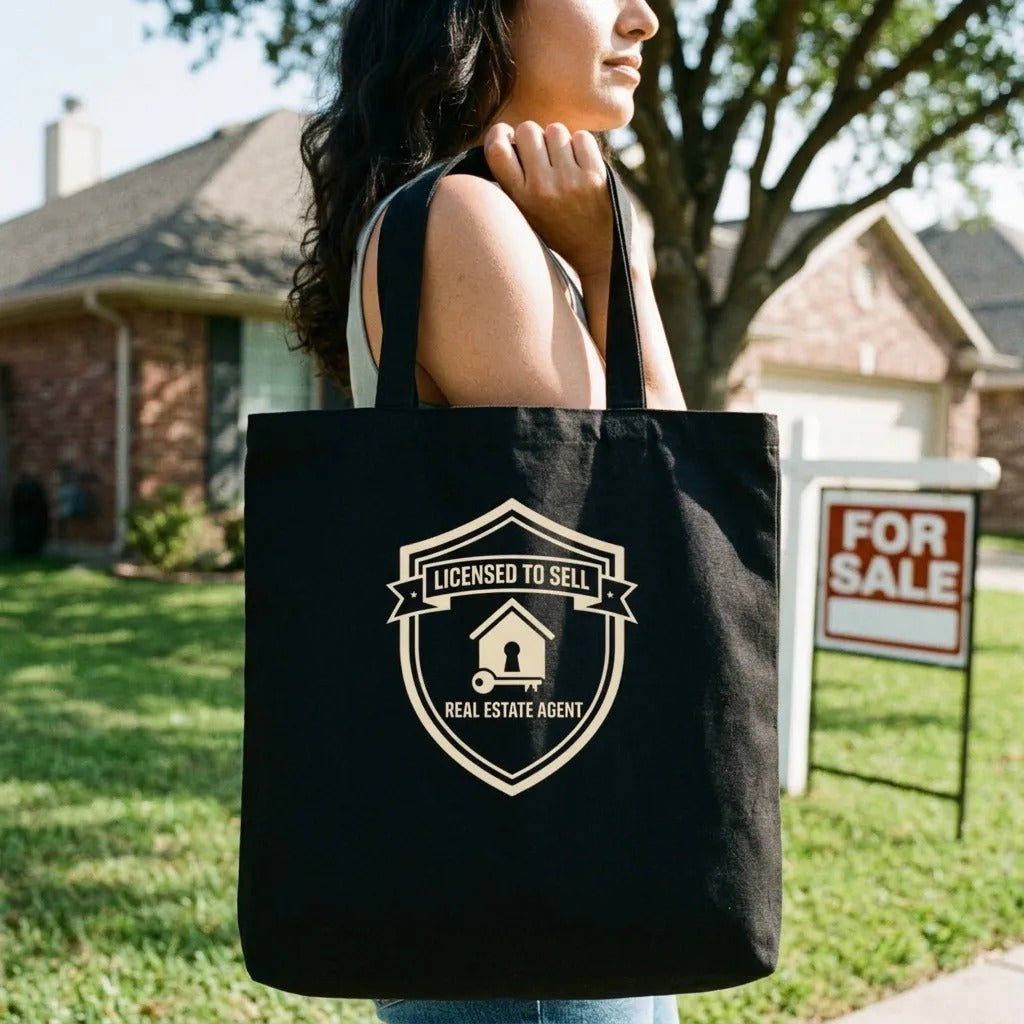 Licensed to Sell real estate agent cotton tote bag — lifestyle
