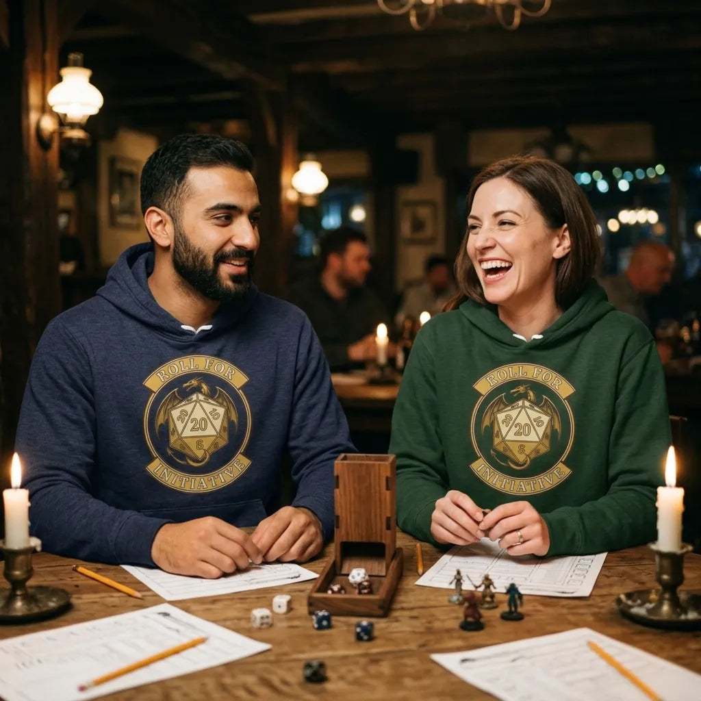 Roll For Initiative d20 dragon tabletop RPG hoodie — lifestyle