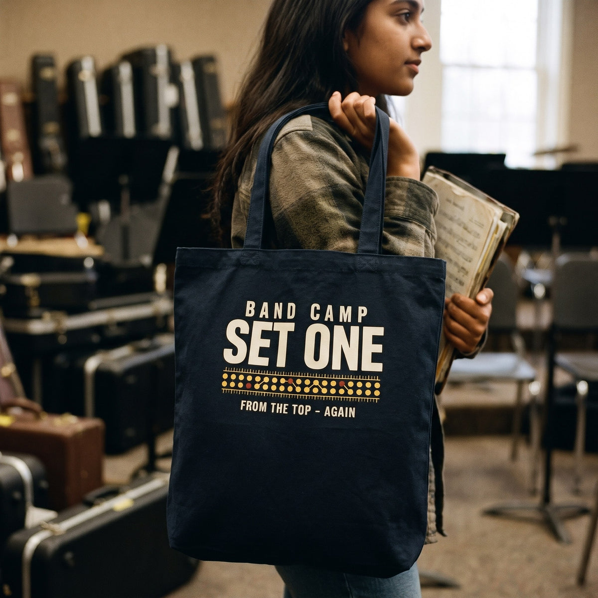 Set One marching band drill chart cotton tote bag — lifestyle