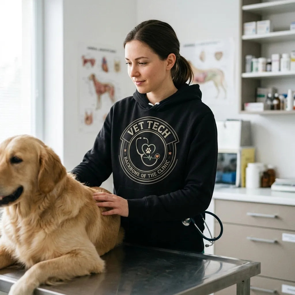 Vet Tech Crest retro veterinary technician hoodie — lifestyle