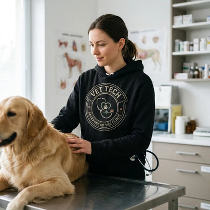 Vet Tech Crest retro veterinary technician hoodie — lifestyle