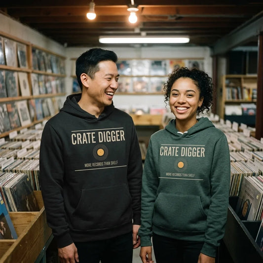Crate Digger vinyl record hoodie — lifestyle