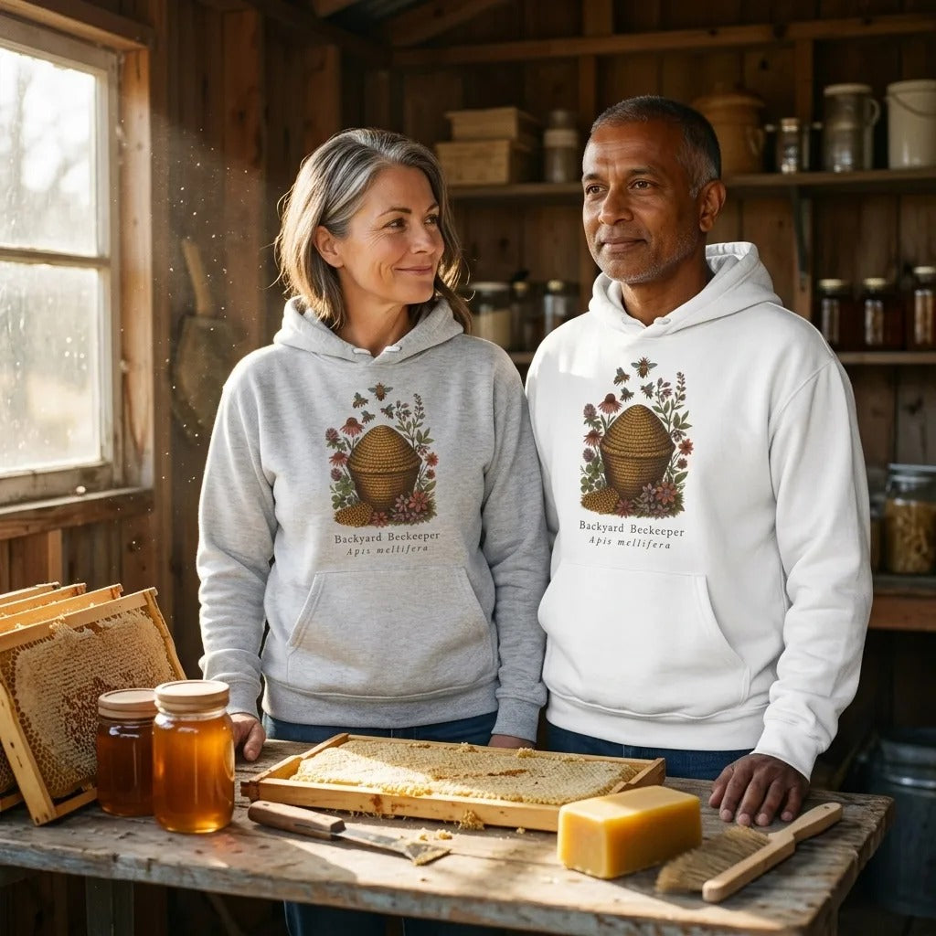 Backyard Beekeeper field-guide bee hoodie — lifestyle