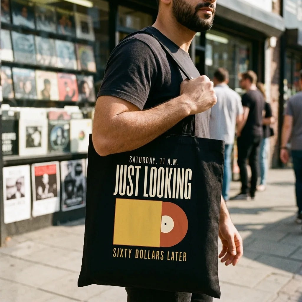 Just Looking Sixty Dollars Later vinyl record cotton tote bag — lifestyle