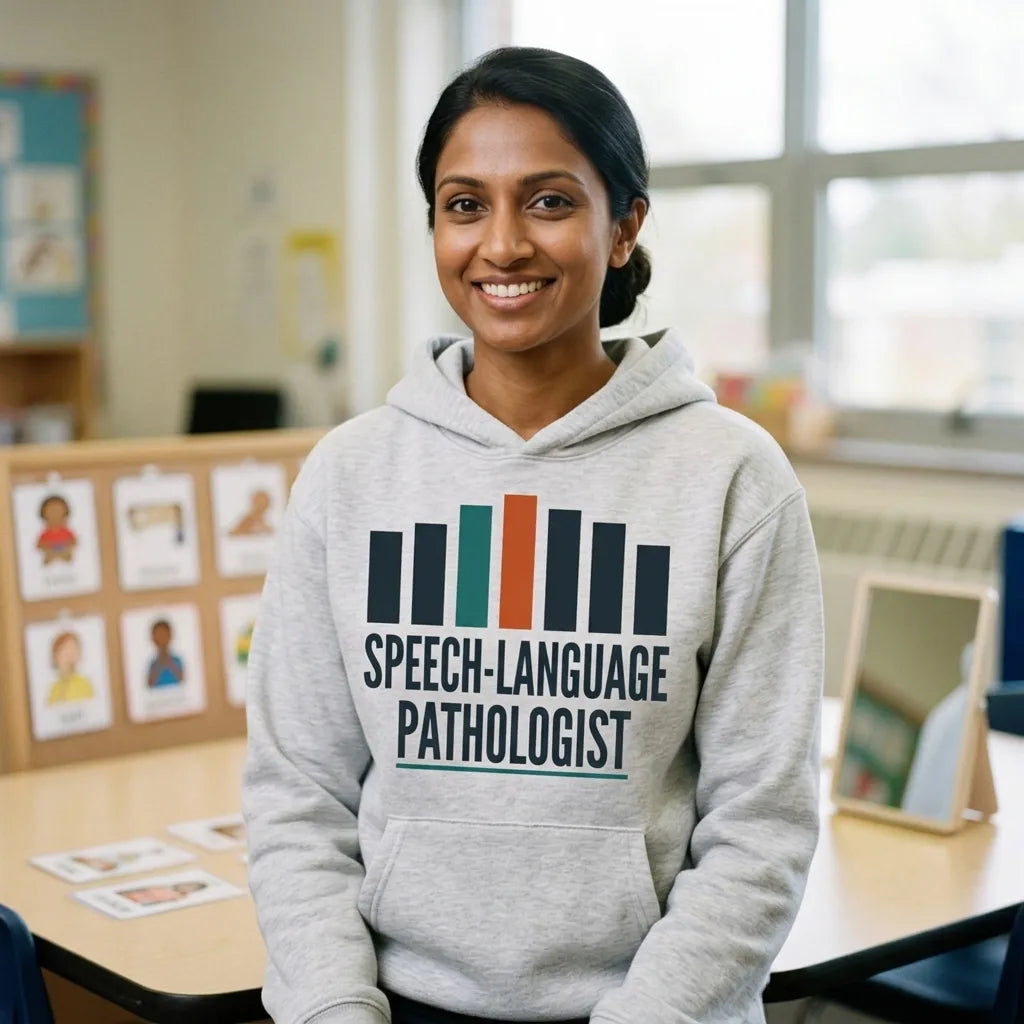 Mid-Century Clinic speech therapy hoodie — lifestyle