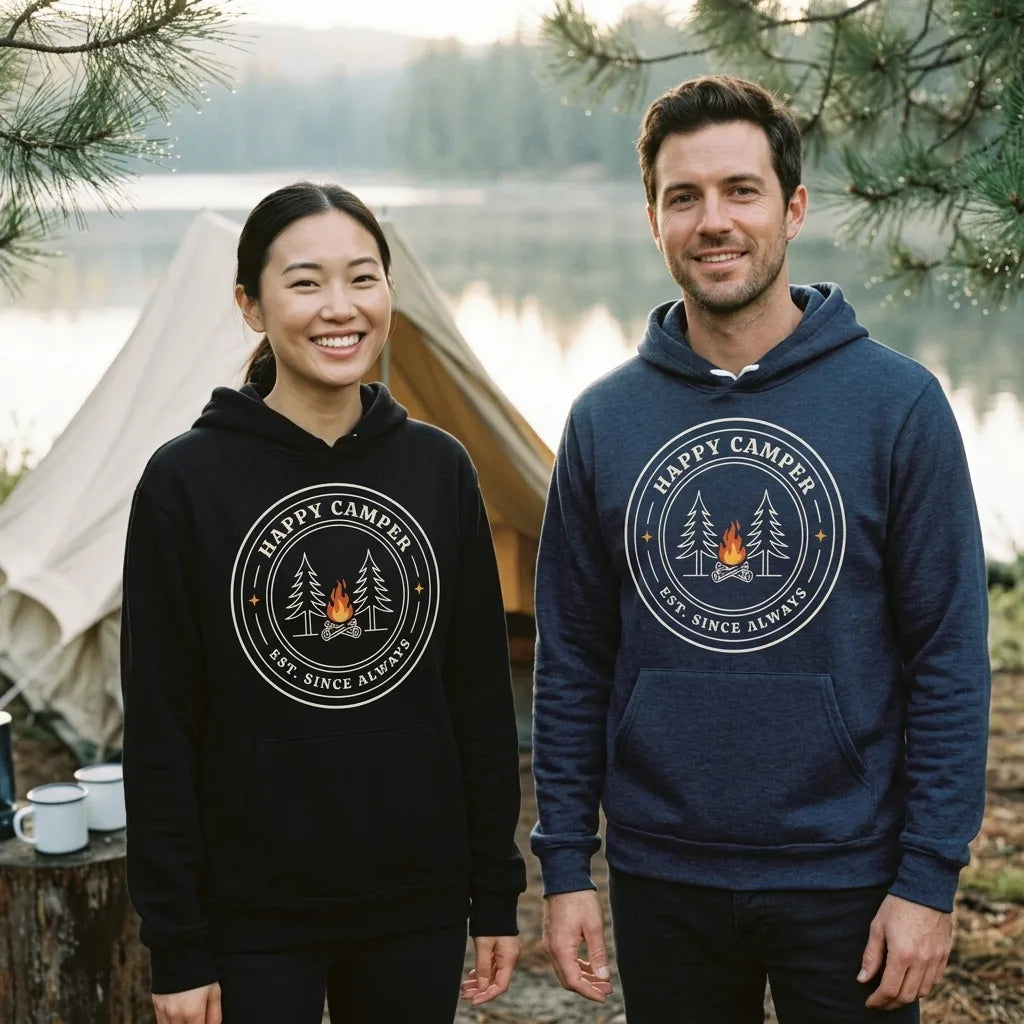 Happy Camper retro camp badge hoodie — lifestyle