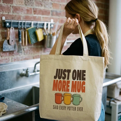 Just One More Mug funny pottery canvas tote bag — lifestyle