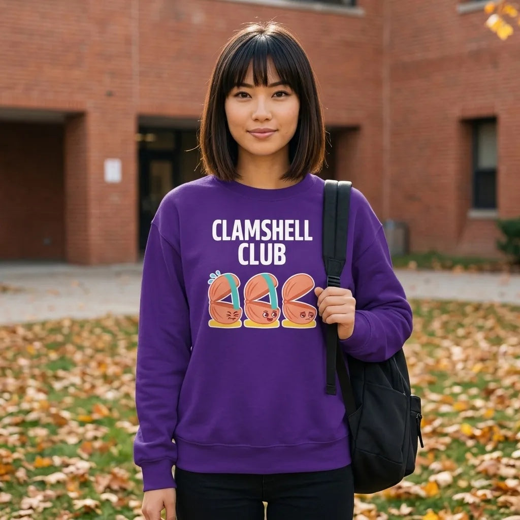 Clamshell Club funny physical therapy crewneck sweatshirt — lifestyle