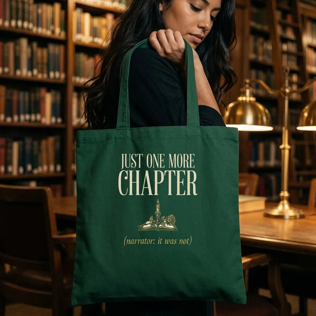 Just One More Chapter book lover dark academia cotton tote bag — lifestyle