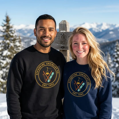 Stonepine Chairlift Co. retro vintage ski club badge crewneck sweatshirt — lifestyle
