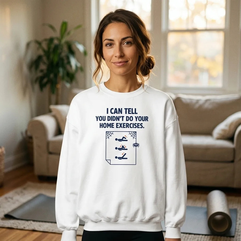 Home Exercises funny physical therapy crewneck sweatshirt — lifestyle