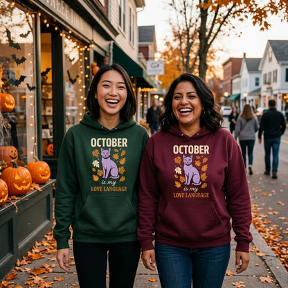 October Is My Love Language retro Halloween black cat hoodie — lifestyle
