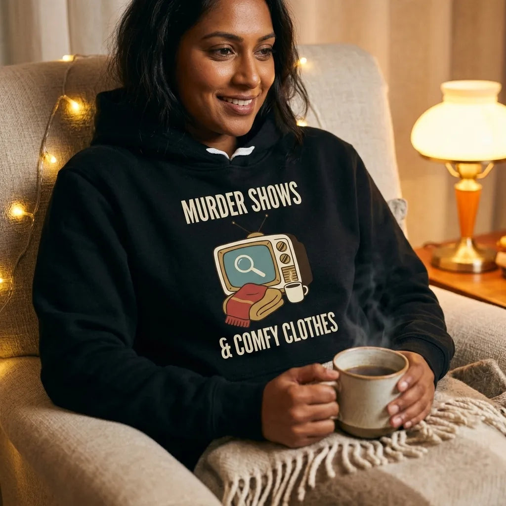 Murder Shows and Comfy Clothes cozy true crime hoodie — lifestyle