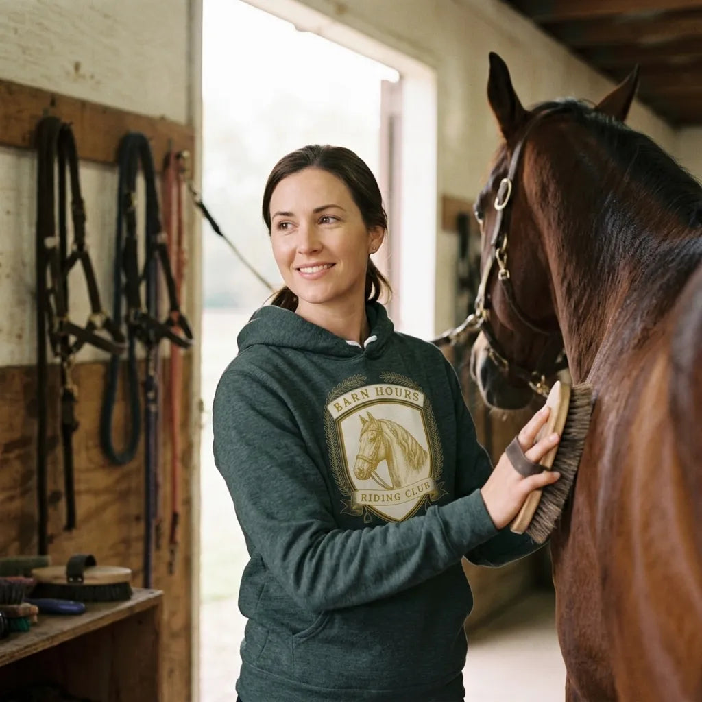 Barn Hours Riding Club vintage equestrian stable crest hoodie — lifestyle