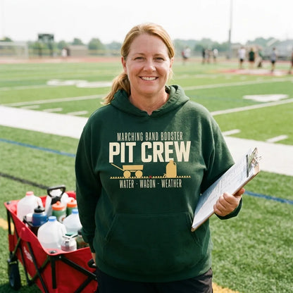 Pit Crew marching band booster hoodie — lifestyle
