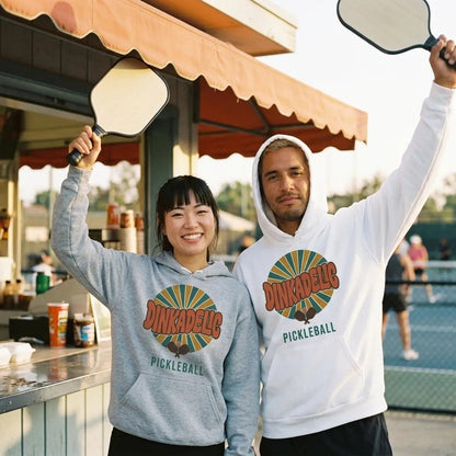 Dinkadelic retro 70s pickleball hoodie — lifestyle