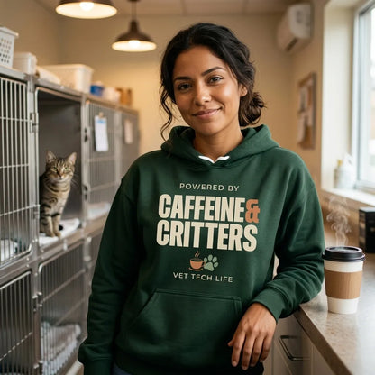 Powered by Caffeine & Critters funny vet tech hoodie — lifestyle