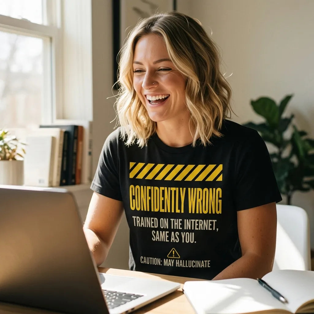 Confidently Wrong AI hazard-label unisex t-shirt — lifestyle