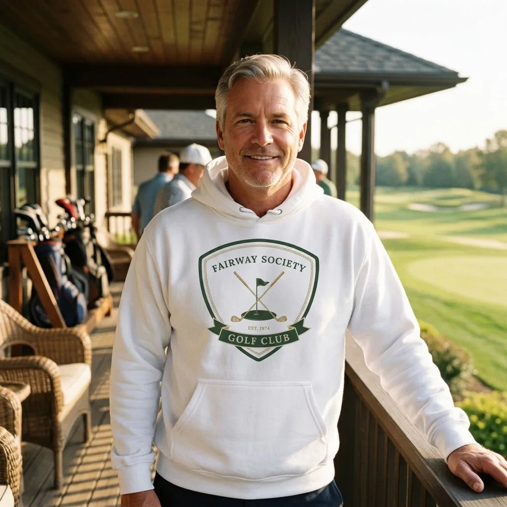Fairway Society vintage golf club crest hoodie — lifestyle