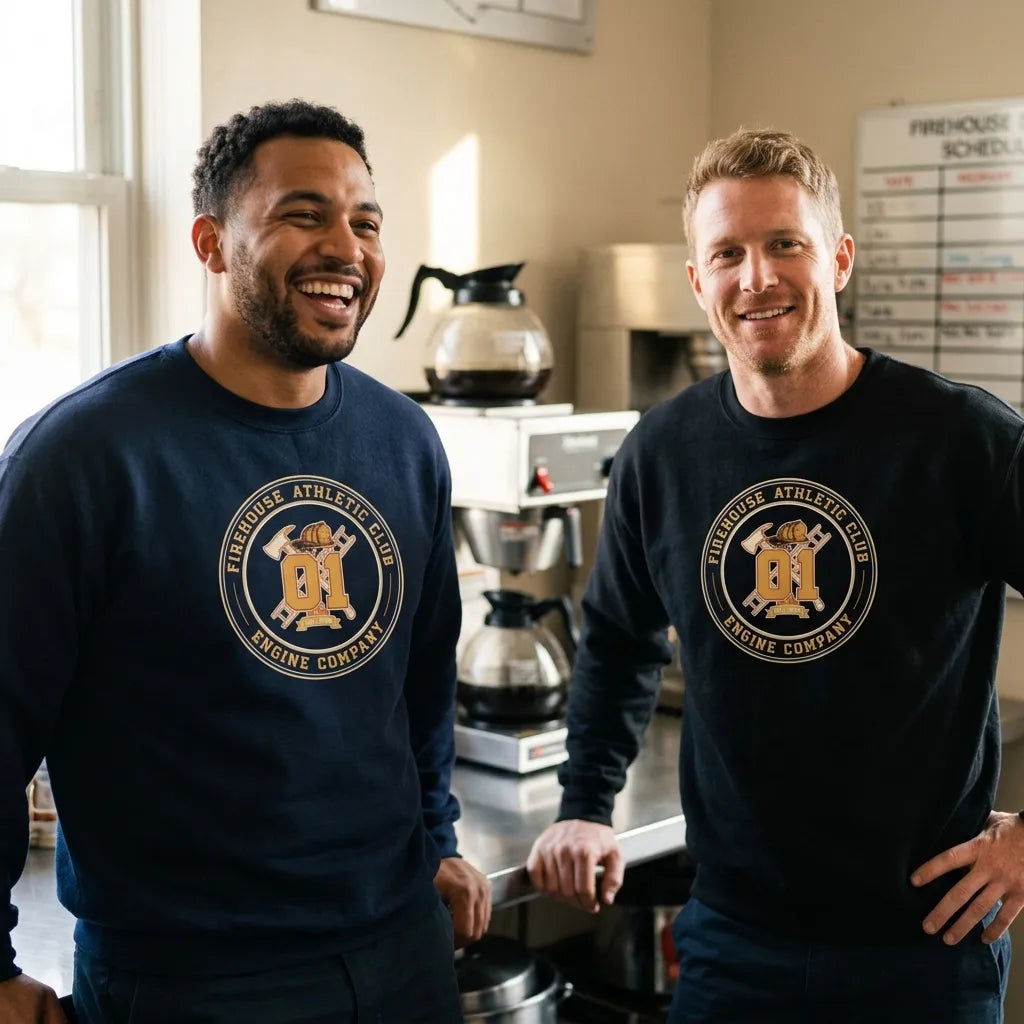 Firehouse Athletic Club retro firefighter emblem crewneck sweatshirt — lifestyle