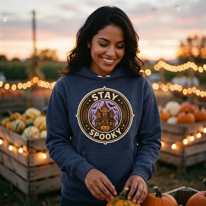Stay Spooky retro Halloween vintage badge hoodie — lifestyle