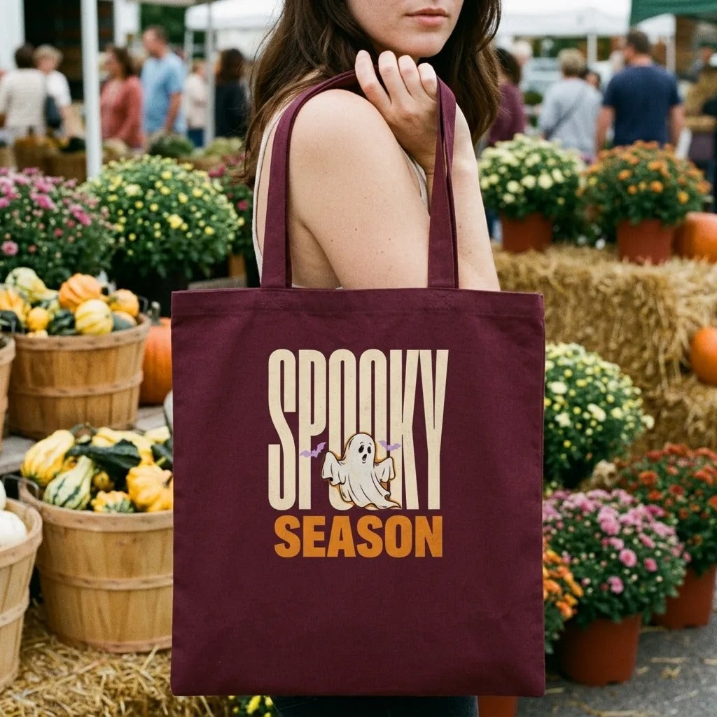Spooky Season retro Halloween ghost typography cotton tote bag — lifestyle