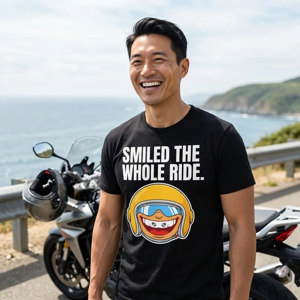 Smiled The Whole Ride funny motorcycle tee — lifestyle
