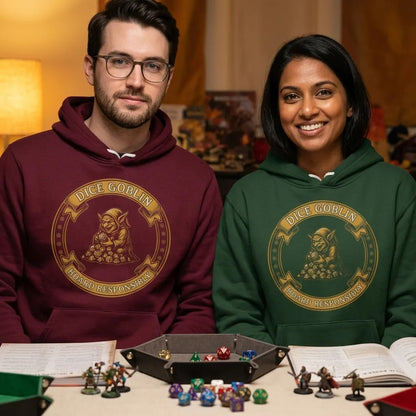 Dice Goblin Hoard Responsibly tabletop RPG hoodie — lifestyle
