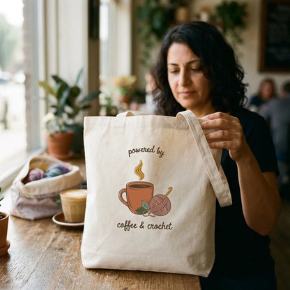 Powered by Coffee and Crochet cottagecore crochet cotton tote bag — lifestyle