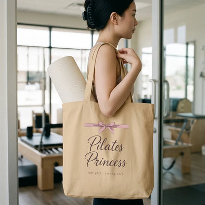 Pilates Princess coquette bow canvas tote bag — lifestyle