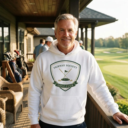 Fairway Society vintage golf club crest hoodie — lifestyle