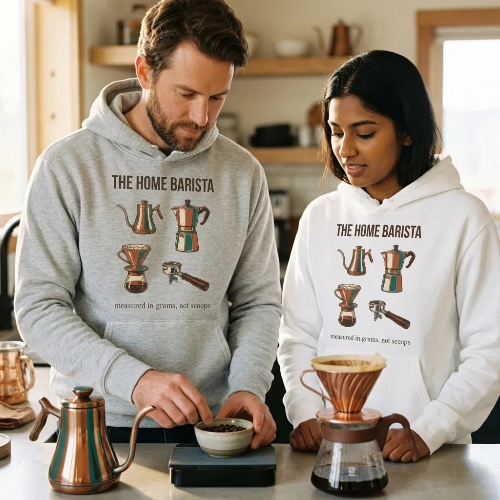 The Home Barista specialty coffee hoodie — lifestyle