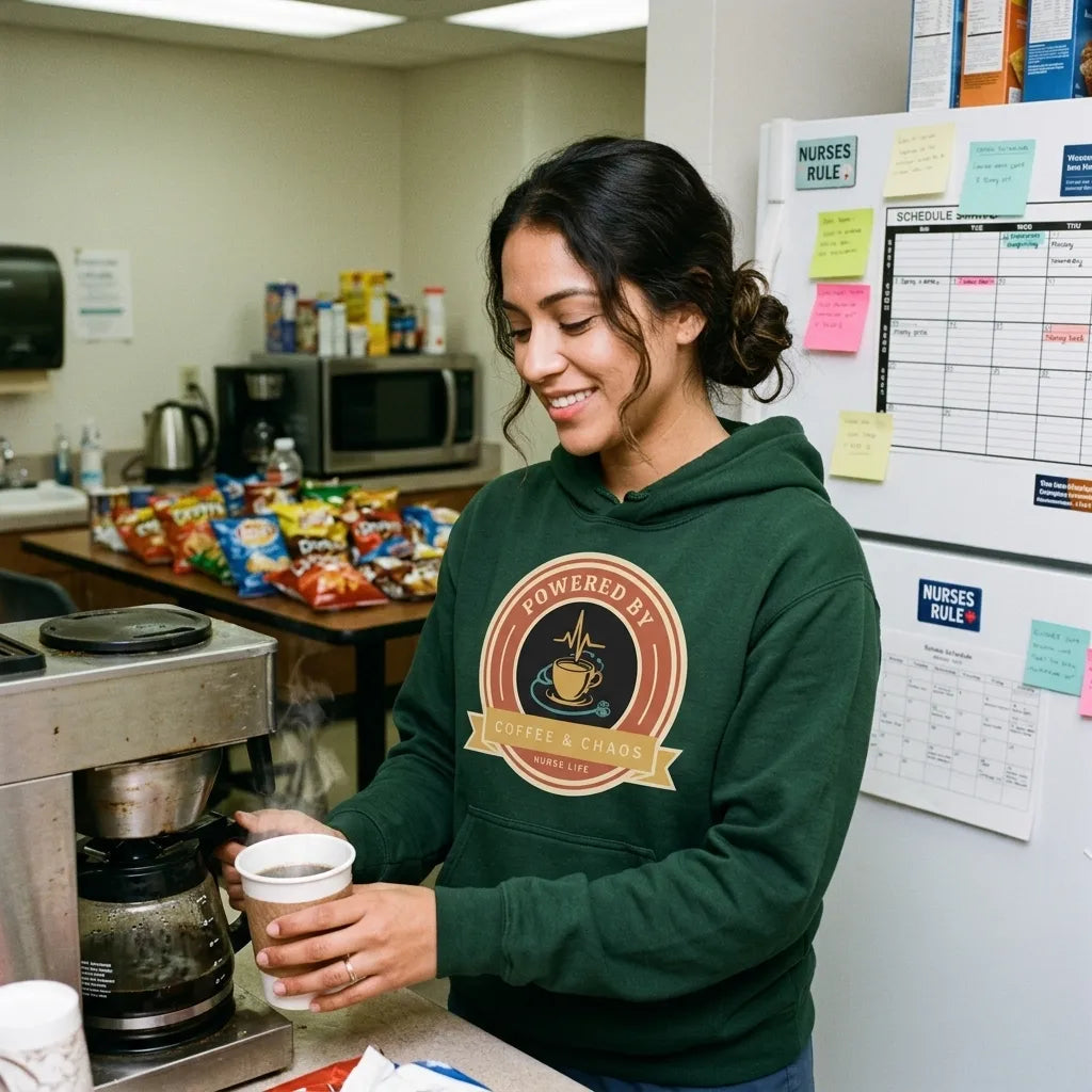 Powered by Coffee & Chaos retro nurse badge hoodie — lifestyle