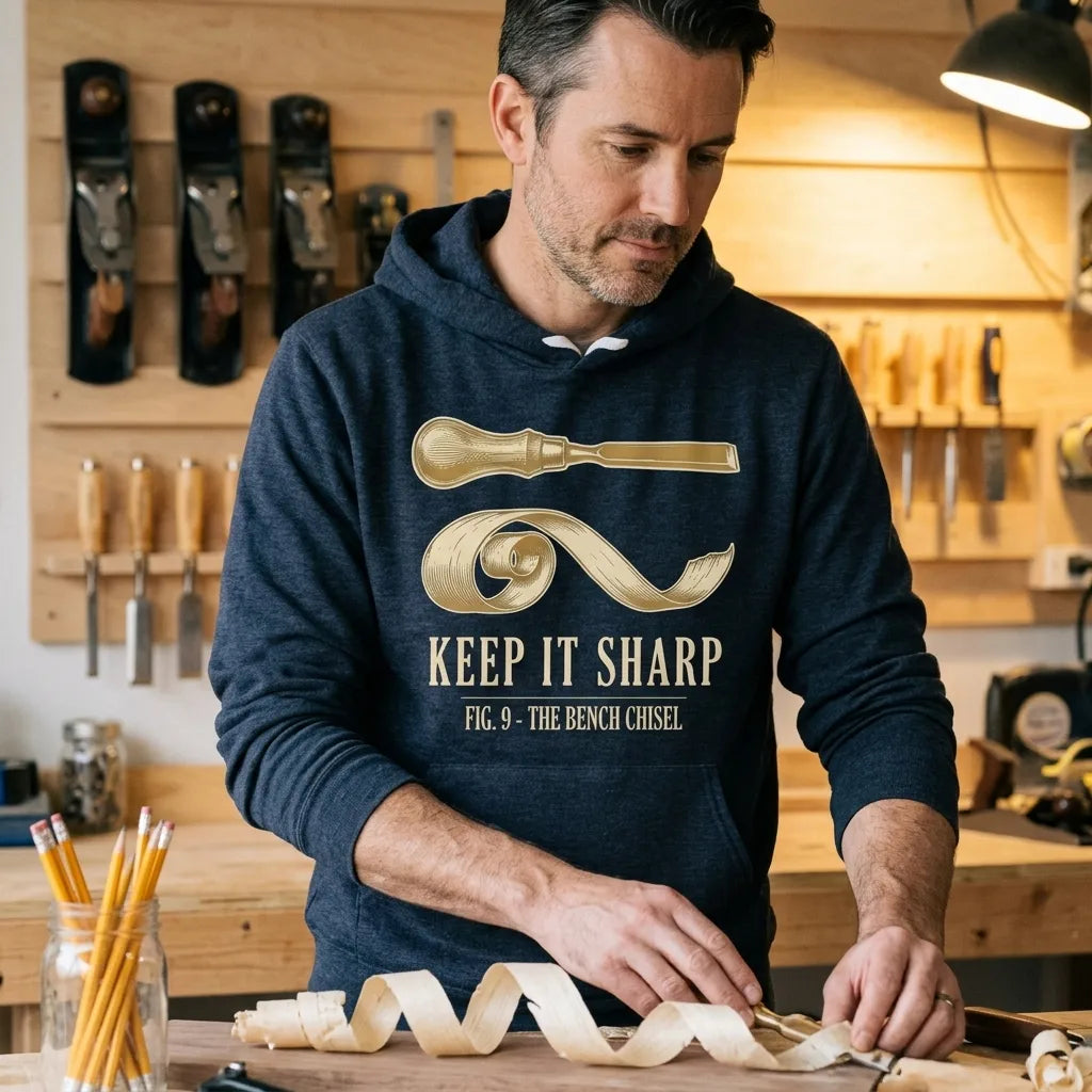 Keep It Sharp woodworking hoodie — lifestyle