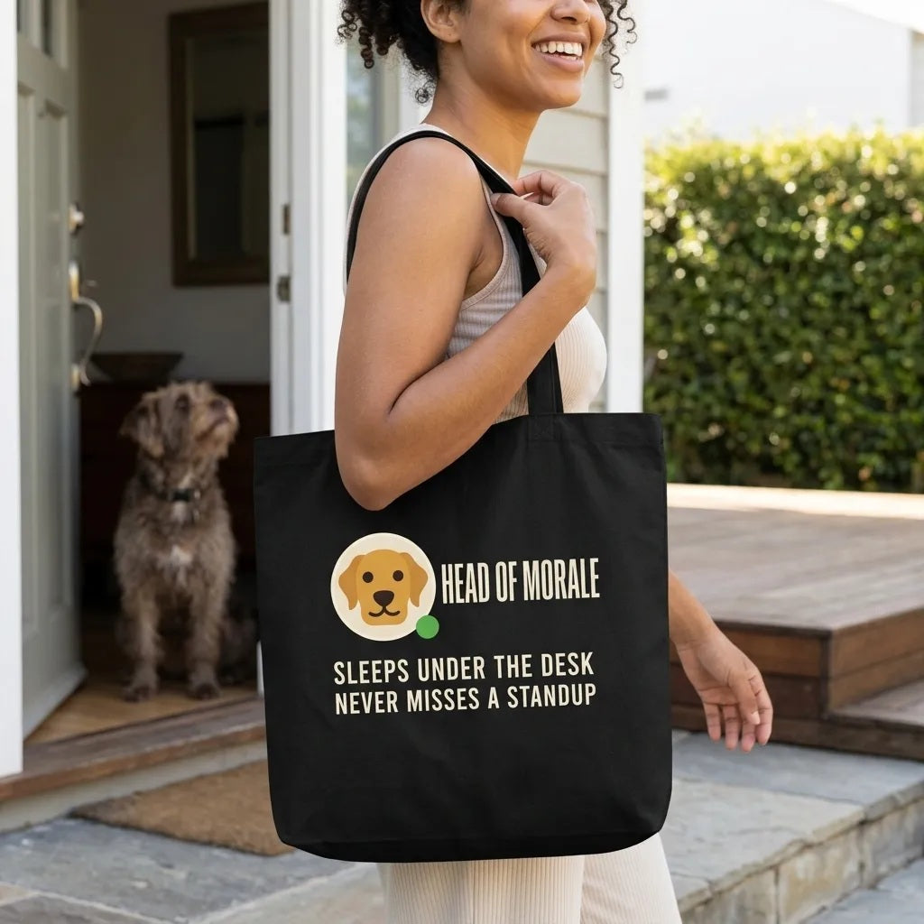 Head of Morale dog profile card tote bag — lifestyle