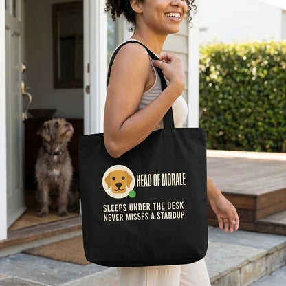 Head of Morale dog profile card tote bag — lifestyle