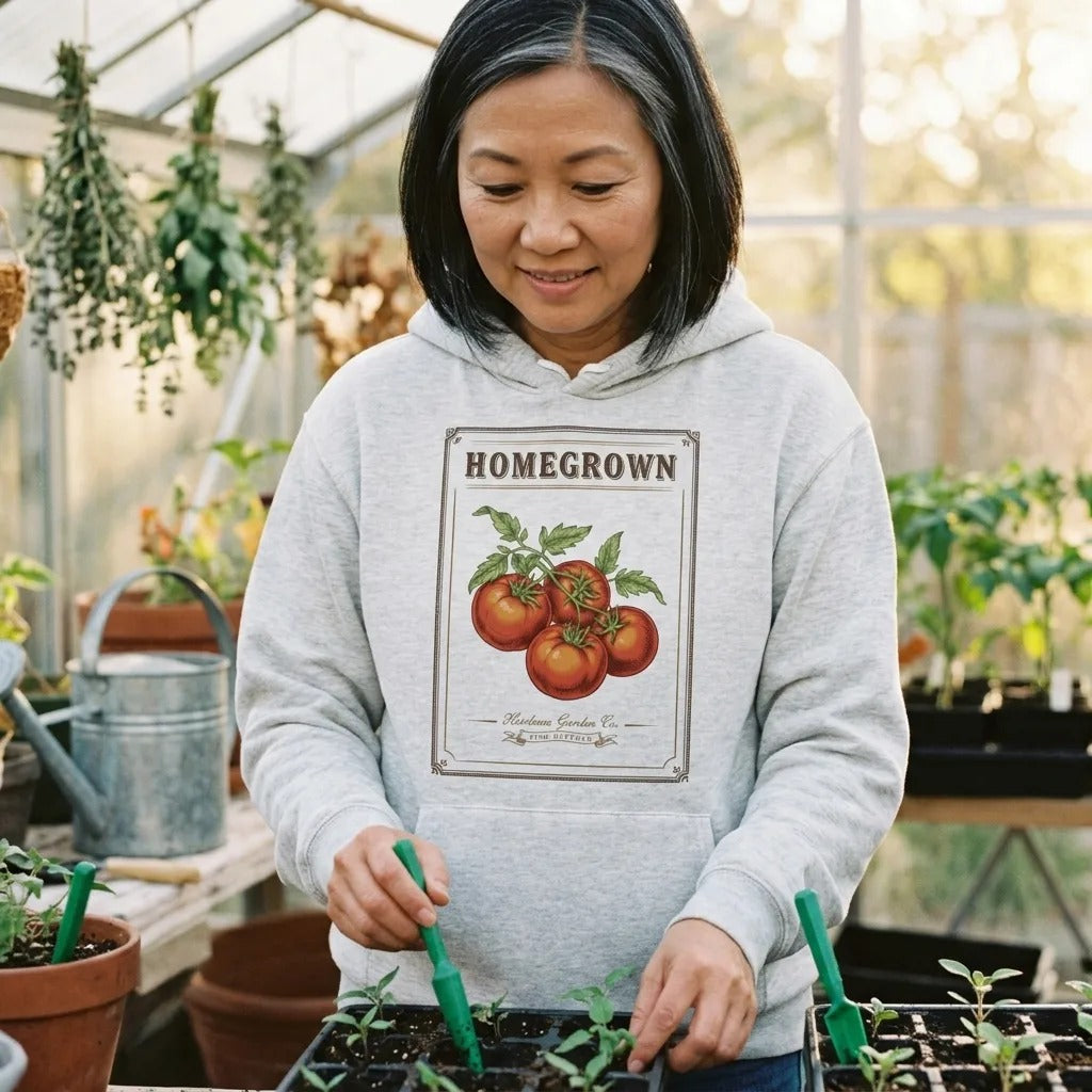 Homegrown Heirloom Seed Packet gardening hoodie — lifestyle
