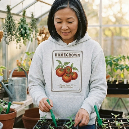 Homegrown Heirloom Seed Packet gardening hoodie — lifestyle