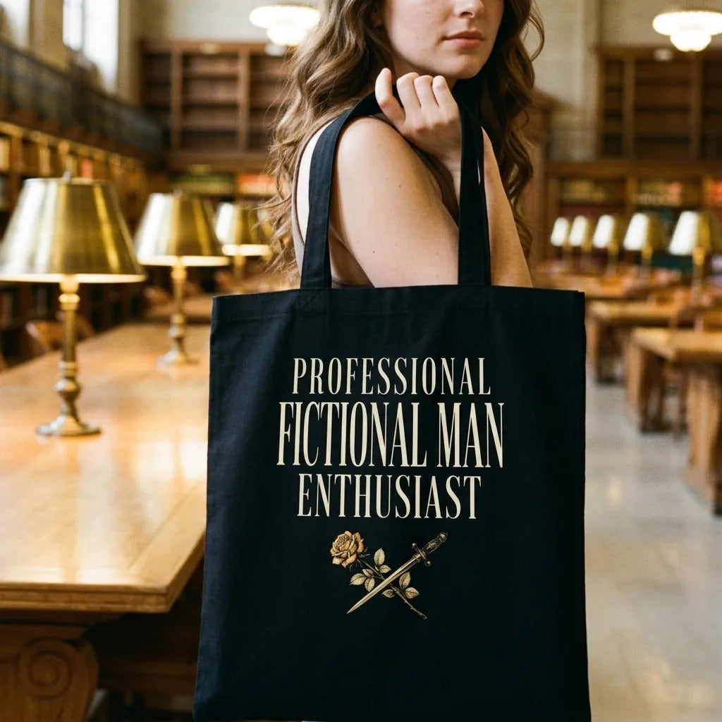 Professional Fictional Man Enthusiast book lover dark academia cotton tote bag — lifestyle