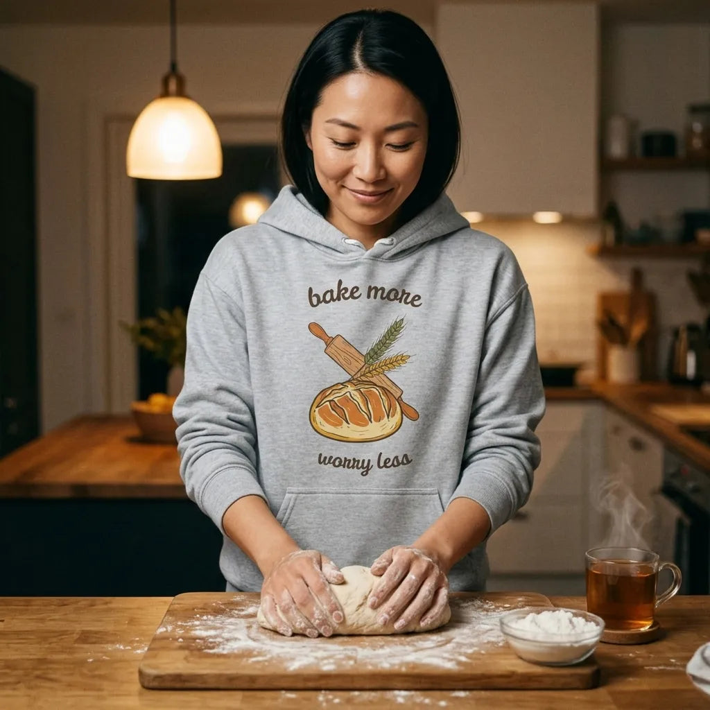 Bake More Worry Less retro kitchen sourdough hoodie — lifestyle