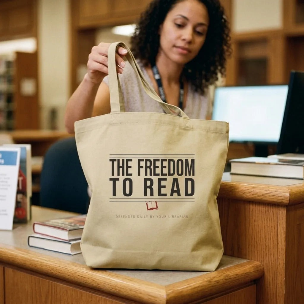 The Freedom to Read school librarian canvas tote bag — lifestyle