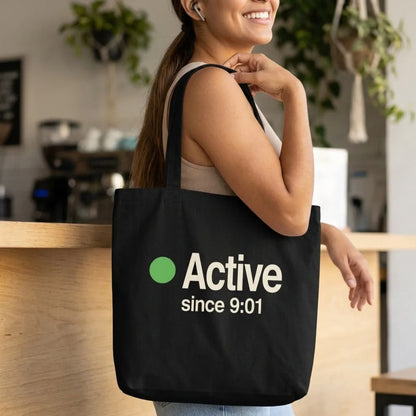 Active Since 9:01 presence status tote bag — lifestyle