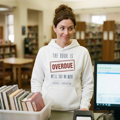 The Book Is Overdue funny school librarian hoodie — lifestyle